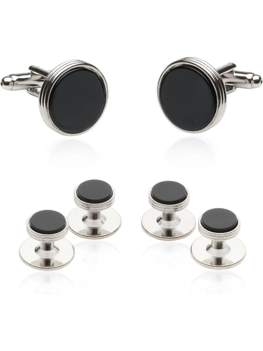 Elegant Onyx & Silver-Tone Tuxedo Cufflinks & Studs Set - Formal Wear Gift Box